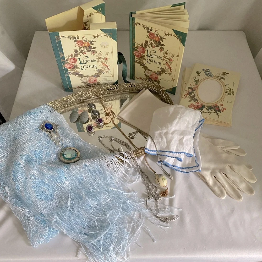 Vintage bundle lot vanity tray mirror jewelry Accessories + gloves shawl coverup